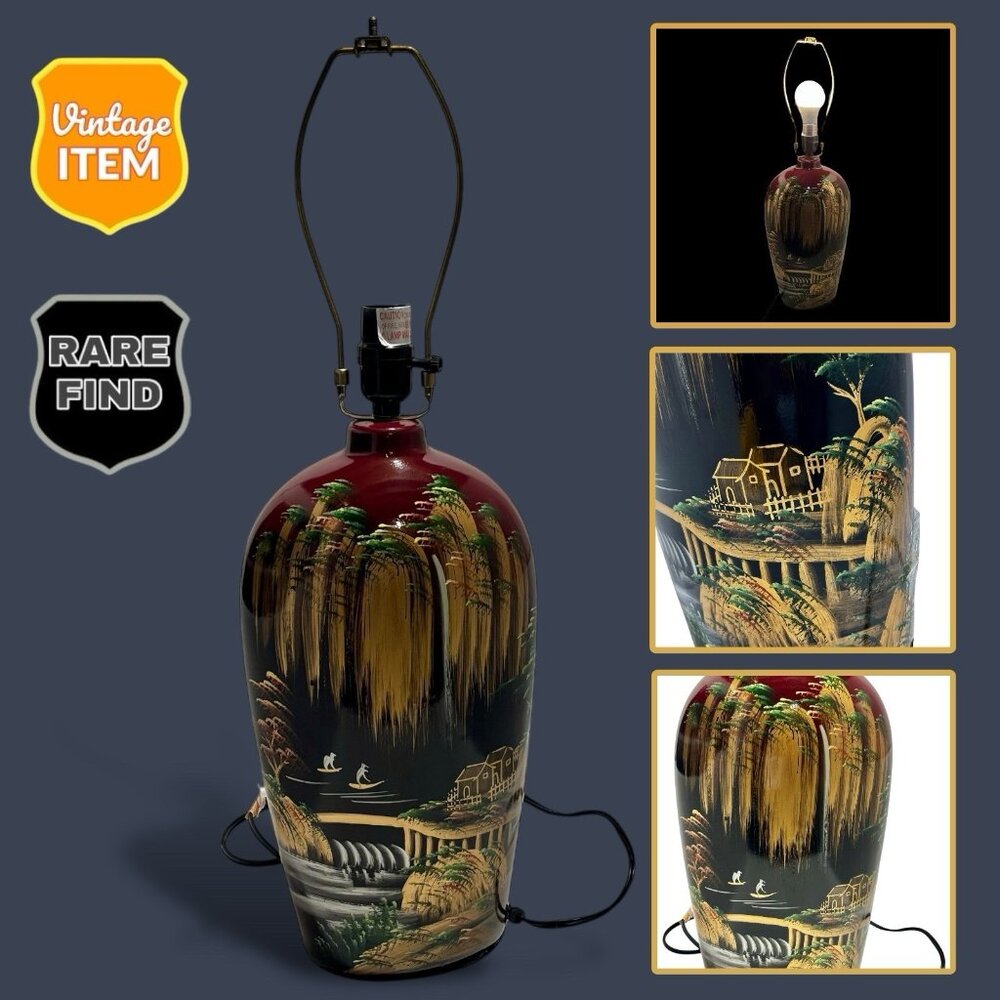 Vintage Chinoiserie Hand Painted Hillside Village Floral Ceramic Table Lamp RARE